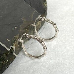 Sterling Silver 925 DBJ Bamboo Style Single Diamond Hoop Earrings MISSING STONE